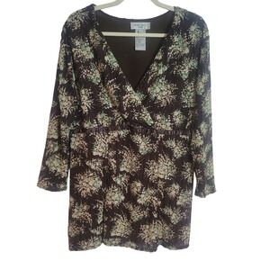 Nine West Woman Floral Faux Wrap Blouse Brown Green Plus Size 1X 3/4 Sleeve Top